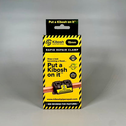 Kibosh rapid repair clamp packaging on a gray background