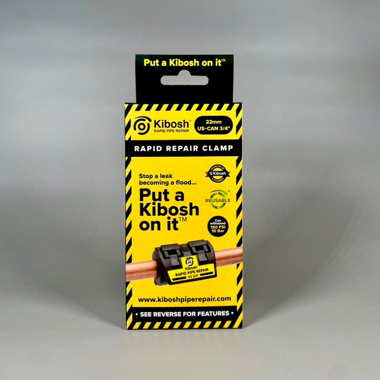 Kibosh rapid repair clamp packaging on a gray background