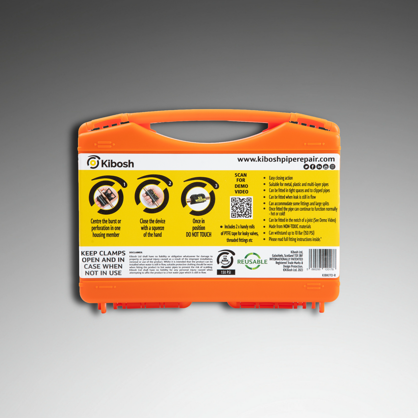 Kibosh rapid pipe & leak repair kit back
KIBKITO-R 15mm 22mm/US 3/4"
Kibosh rapid pipe repair clamps