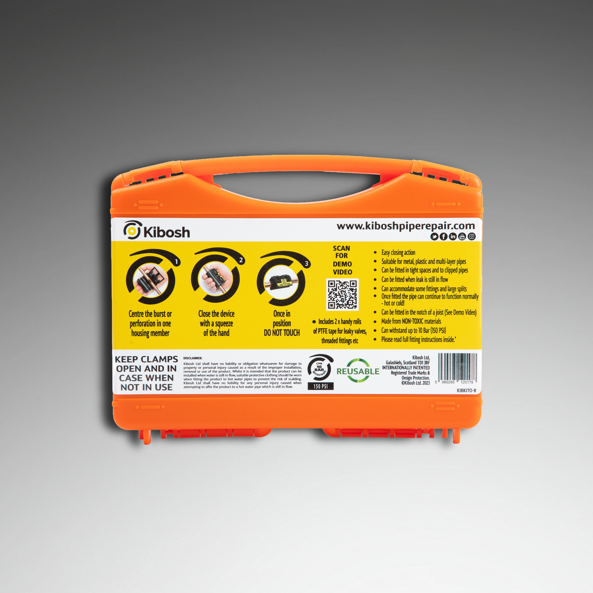 Kibosh rapid pipe & leak repair kit back
KIBKITO-R 15mm 22mm/US 3/4"
Kibosh rapid pipe repair clamps