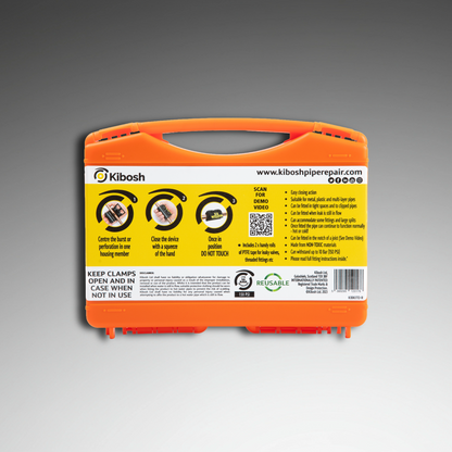 Kibosh rapid pipe & leak repair kit back
KIBKITO-R 15mm 22mm/US 3/4"
Kibosh rapid pipe repair clamps