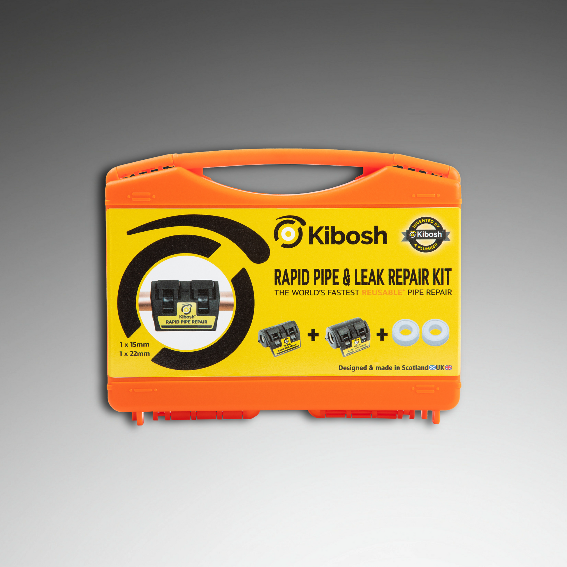 Kibosh rapid pipe & leak repair kit front
KIBKITO-R 15mm 22mm/US 3/4"
Kibosh rapid pipe repair clamps