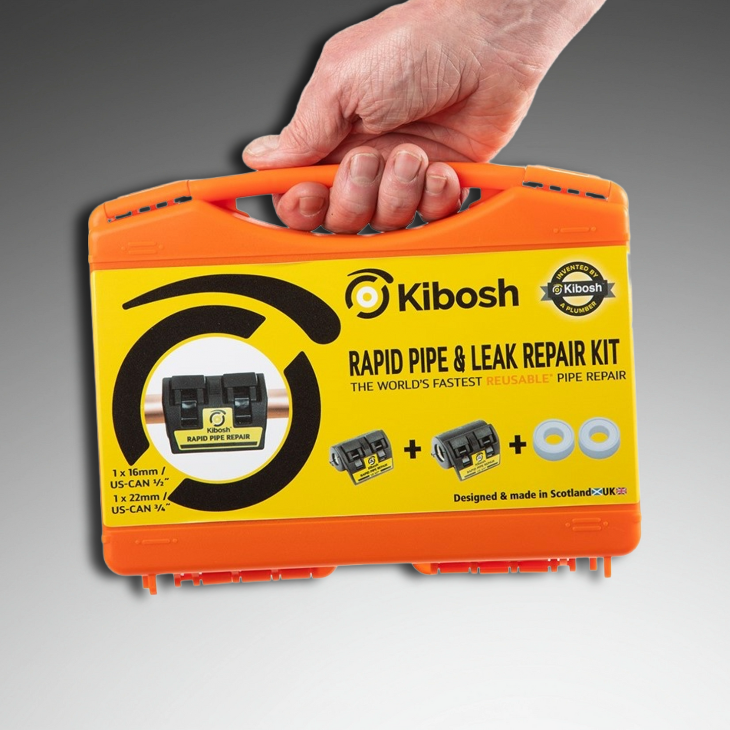 Kibosh Rapid Pipe & Leak Repair Kit held by a hand
16mm/US 1/2" 22mm/US 3/4"
KIBKITO-RNA
Rapid pipe repair clamp