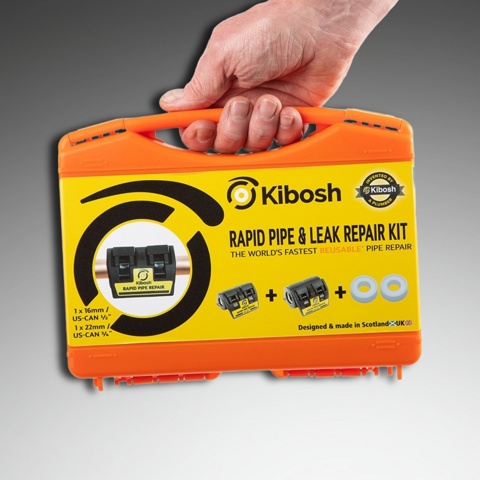 Kibosh Rapid Pipe & Leak Repair Kit held by a hand
16mm/US 1/2" 22mm/US 3/4"
KIBKITO-RNA
Rapid pipe repair clamp