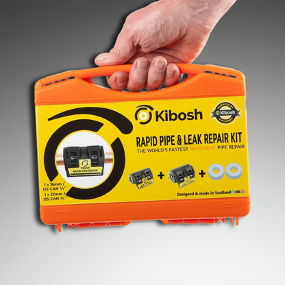 Kibosh Rapid Pipe & Leak Repair Kit held by a hand
16mm/US 1/2" 22mm/US 3/4"
KIBKITO-RNA
Rapid pipe repair clamp