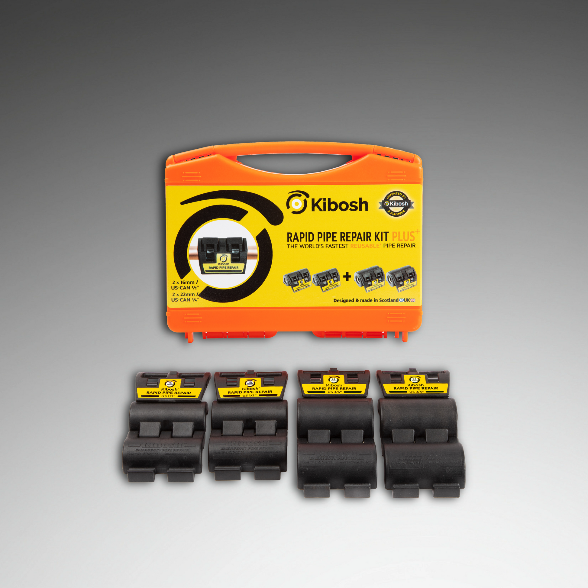 Kibosh rapid pipe repair kit plus KIBKITO-RNA2 16mm/US 1/2" 22mm/US 3/4" 
Kibosh rapid pipe repair clamps 