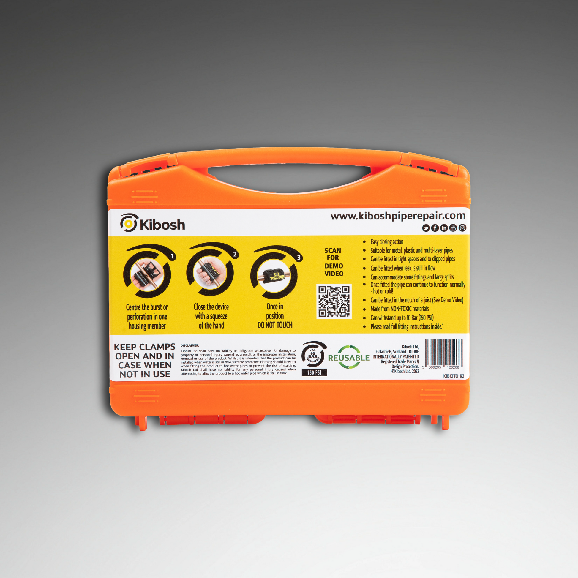 Kibosh rapid pipe repair kit plus back
Kibosh rapid pipe repair clamp
15mm 22mm/US 3/4"
KIBKITO-R2